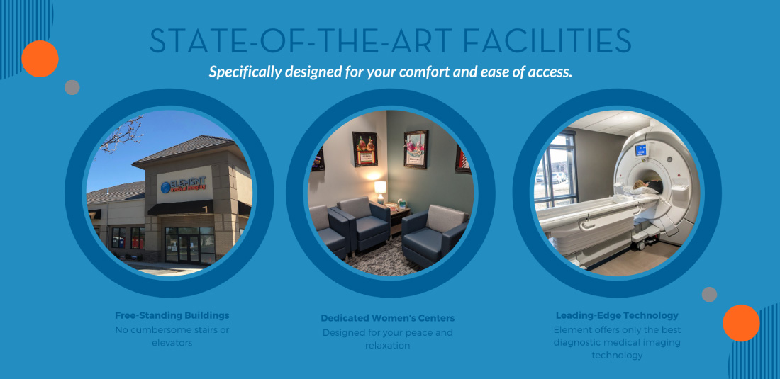 Comfortable and modern imaging exam rooms at Element Medical Imaging with free-standing buildings and dedicated women's centers.